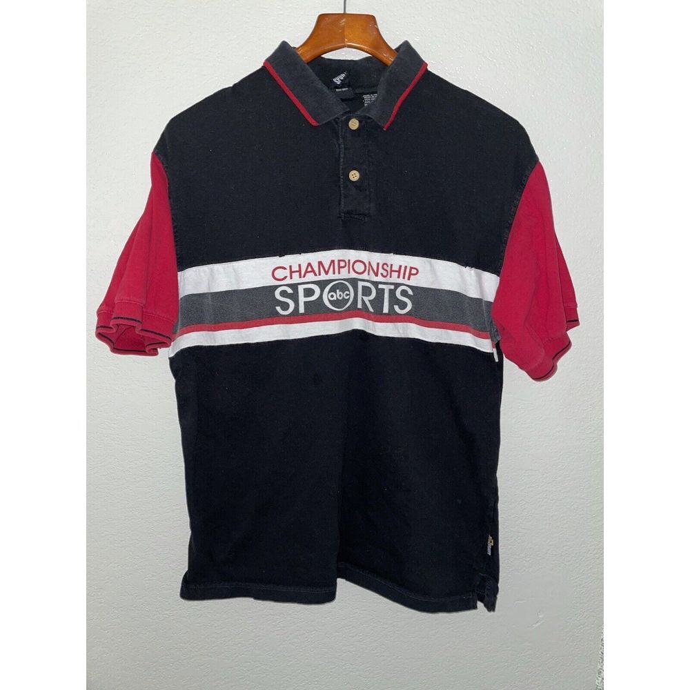 VTG ABC Sports Championship Olympics Red White Black Polo‎ Shirt Men's Large